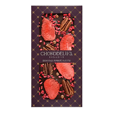 Шоколад темный с украшением клубника, пекан, малина 100 г