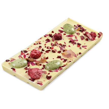 Шоколад белый с украшением роза, малина и вишни 100 г